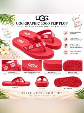 UGG GRAPHIC LOGO FLIP FLOP - RED SIZE 6 (NEW WITH TAGS) B9